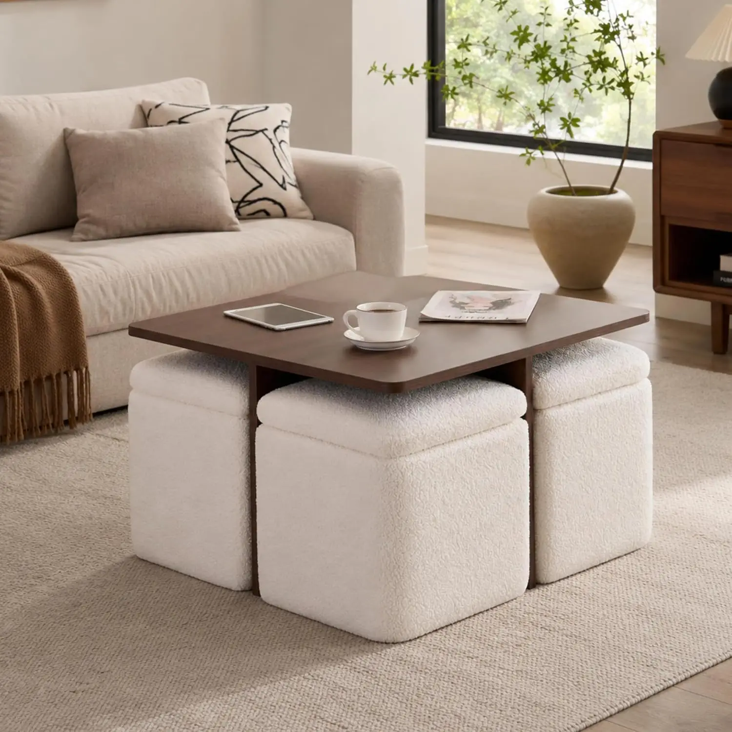 Square Coffee Table with Storage Ottomans Beige, Customized