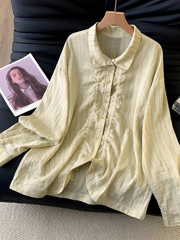 

Slim Fit Japanese Style Long Sleeve Striped Linen Shirt Women's Summer Design Thin Sun Protection Cover up Trendy Outerwear