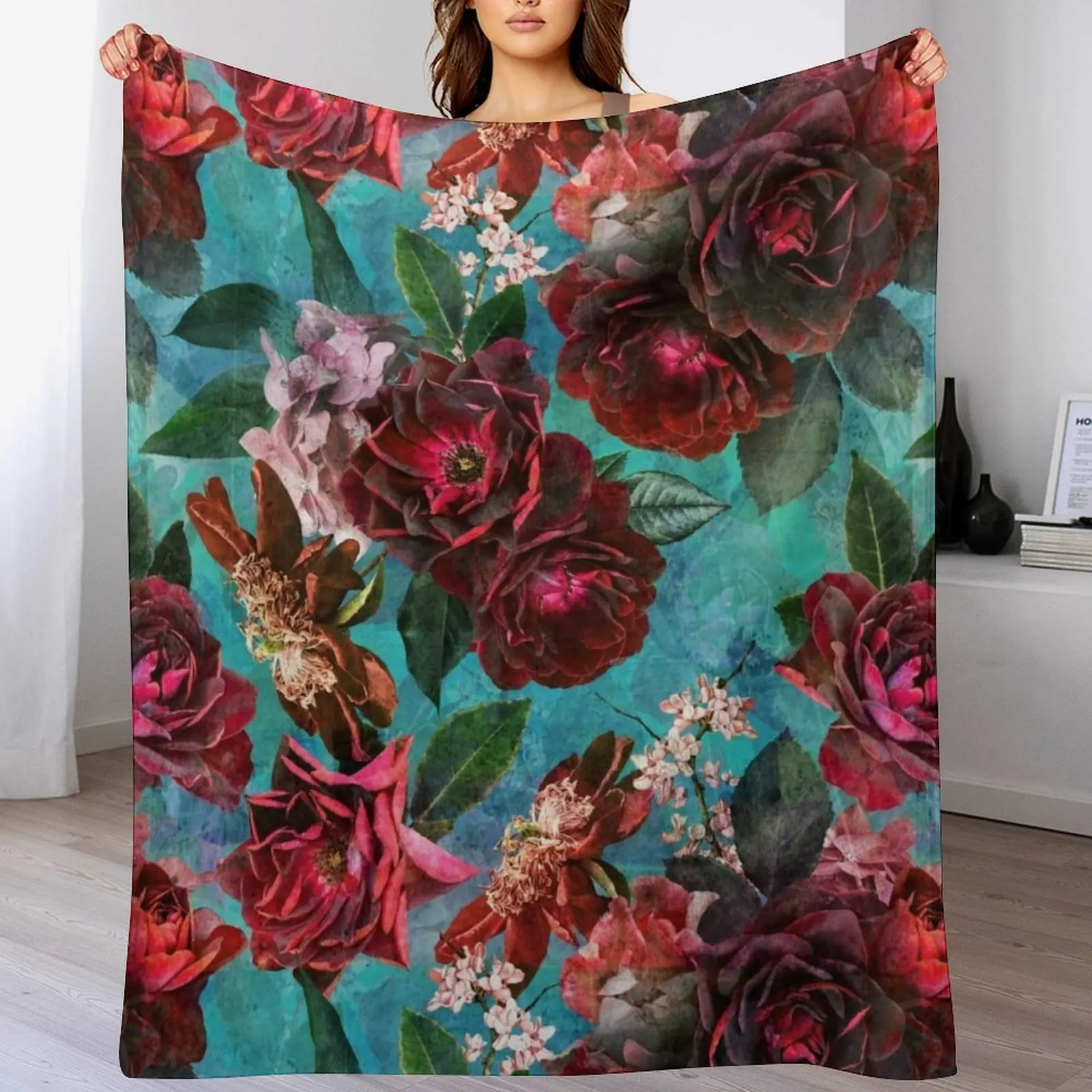 

Turquoise Vintage Summer Roses Botanical Garden NightGarden Throw Blanket Soft Warm Blanket Gift for Men Women Adults