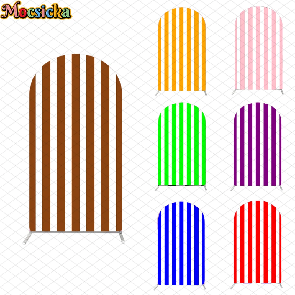 

Mocsicka Birthday Arch Backdrop Covers Double-Faced Wedding Arched Background Colour Pink Brown Purple Orange Green Stripe Decor