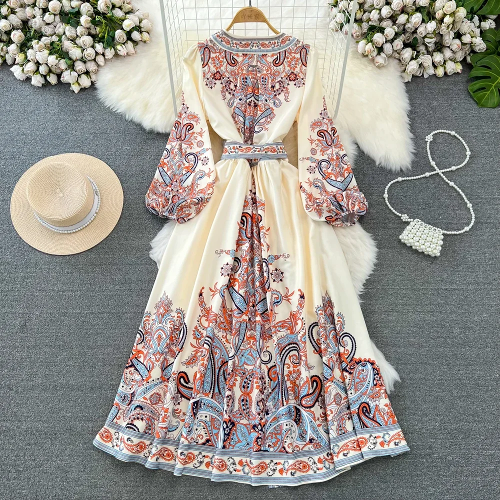 Abito estivo lungo con stampa floreale per donna Lace Up elegante Beige femminile abiti Maxi Beach Vacation manica intera festivo Tarf