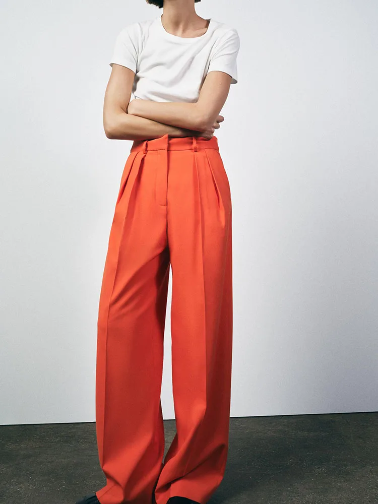 Spring New Arrival Women's Mid-Waist Slimming Ele Simple Faion Pleated Wide Leg Pants Long Trousers 295677