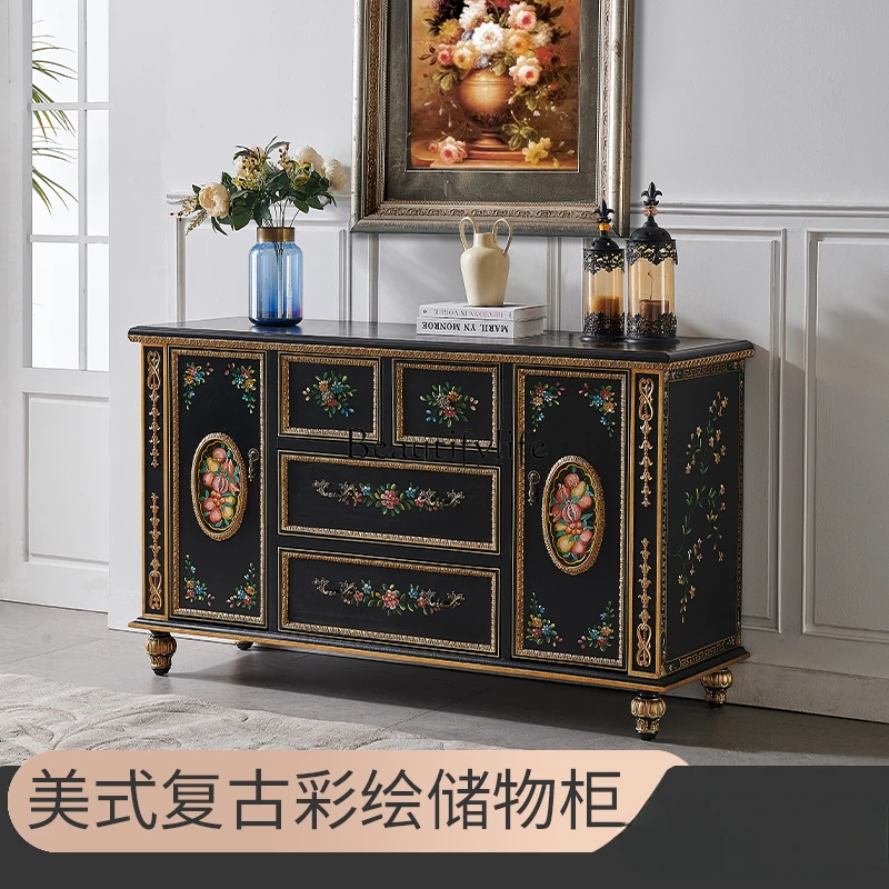 French Spot Luxury Hand Painted Gold Foil Entrance Cabinet European Solid Wood Birch Furniture Locker