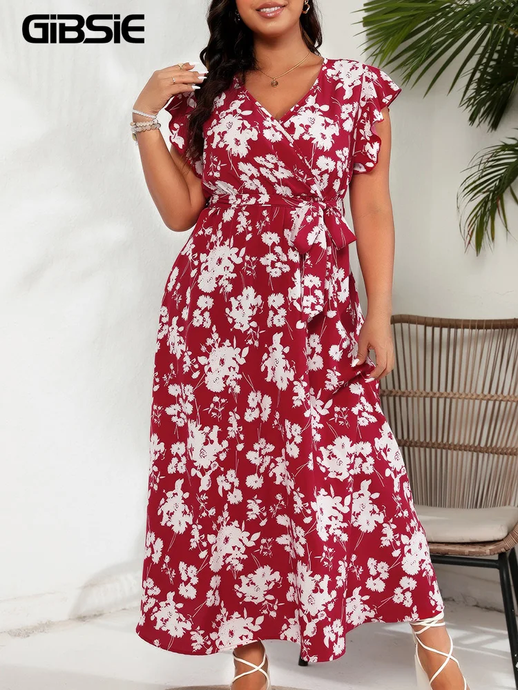 

GIBSIE Plus Size Surplice Neck Belted Floral Print Dress Holiday Women Casual Summer High Waist Boho A-line Maxi Long Dresses