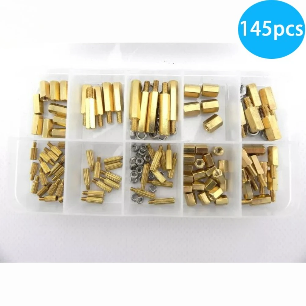 

145pcs Box Single-head Double-way Hexagonal Kembossed Copper Column Nuts Combined with Brass M2 M2.5 M3 M4 Pillar Copper Columns