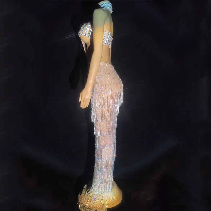 Robe à franges avec strass clignotants, tenue de soirée Sexy découpée pour femmes, Costume de célébration d'anniversaire, tenue de Festival sur scène XS7022