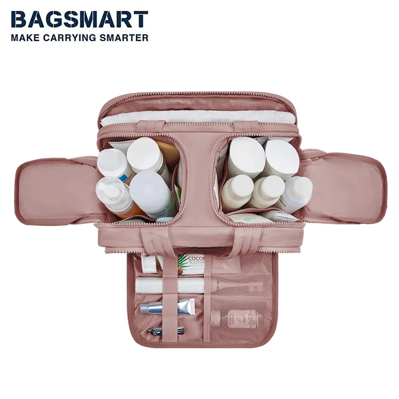 BAGSMART-neceser ligero de gran apertura, bolsa de maquillaje esponjosa, bolsa de almacenamiento de cosméticos con asa para accesorios y artículos