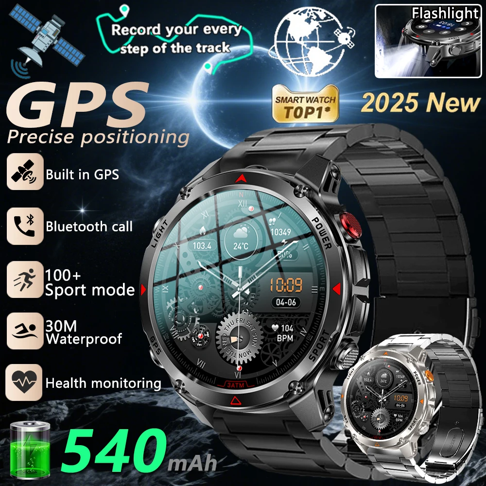 

Новые уличные военные умные часы для мужчин, встроенный GPS, аккумулятор 540 мАч, 3 атм, водонепроницаемые, компас, барометр, высотомер, спортивные умные часы