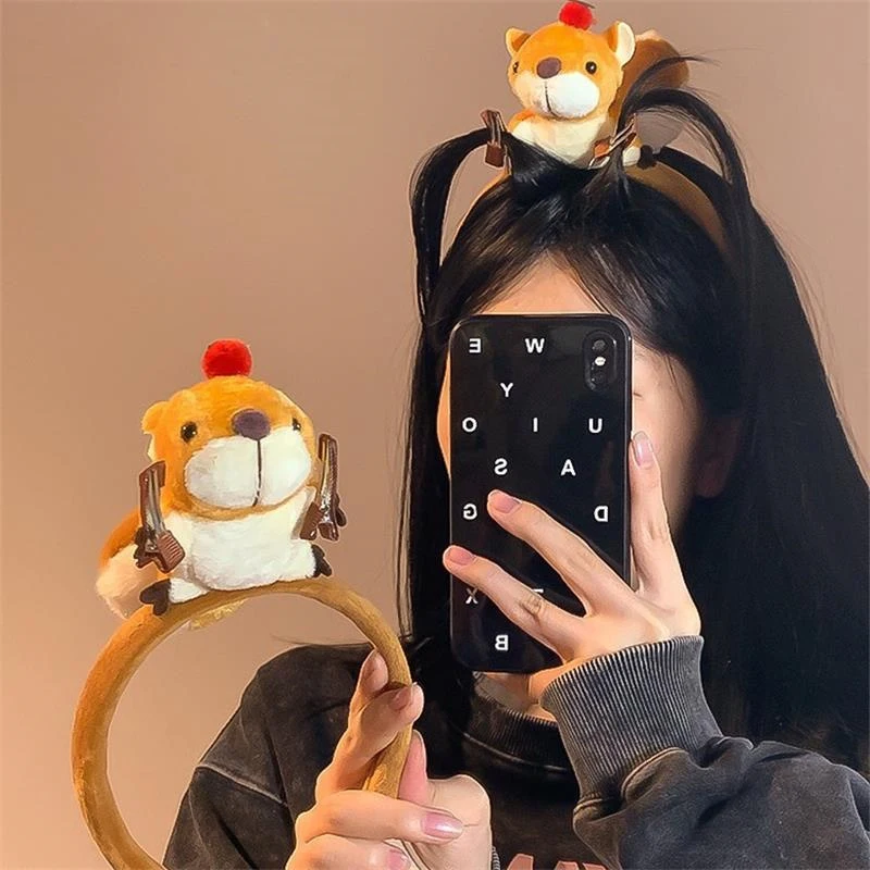 Cartoon Funny Plush Squirrel Doll Hair Hoop Hair Clip Headband Girl Cute Face Wash Headband Funny Hair Band Hair Accessory Gifts