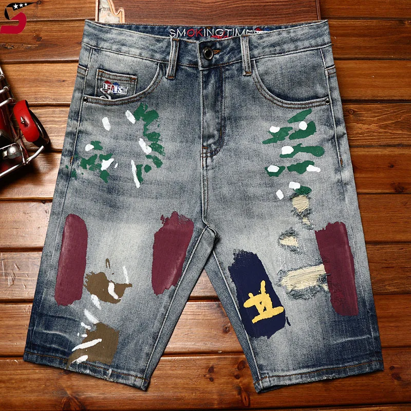 

High-End and Fashionable Paint Printing Denim Shorts Men's Locomotive Style Stretch Slim Trendy Summer Ripped Cropped Pants