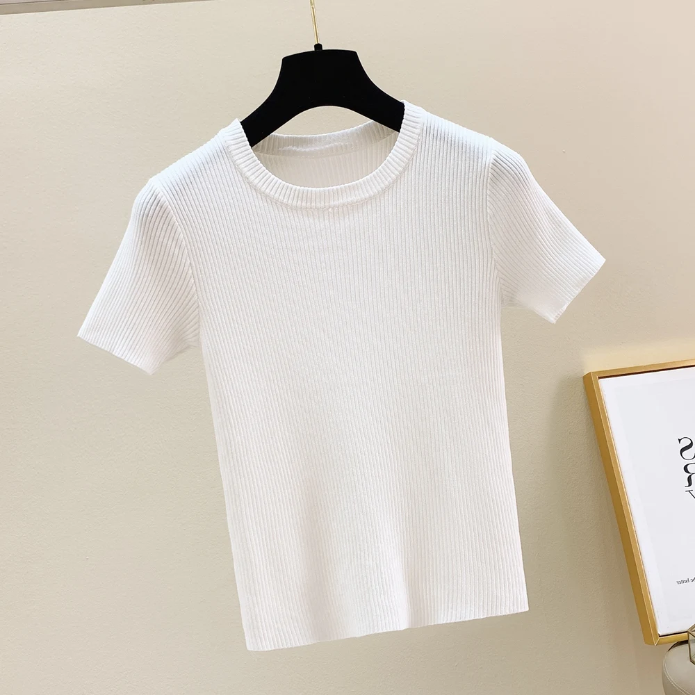Women\'s Ribbed Knit Top Short Sleeve Basic Fitted Sweater Shirt Teengirl Spring Summer Outfit