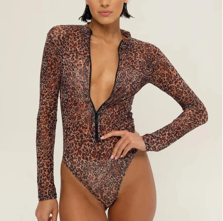 New Summer Women's Sexy and Fashionable Printed Mesh Long Sleeved Zipper One-piece Swimsuit