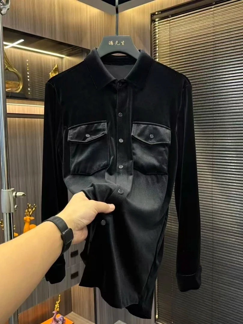 

Men's Velvet irt Faionable Casual Sle New Arrival Lightweight Stand Fit Long Sve Button up Classic Collar