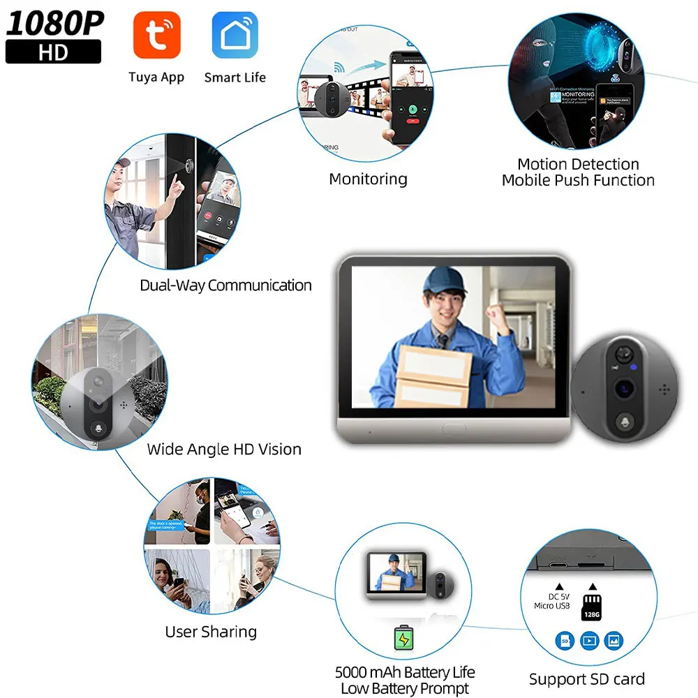 3MP Security-protection Peephole Doorbell Camera Smart Home 4.3 IPS Screen Night PIR wifi Phone wireless doorbell for home