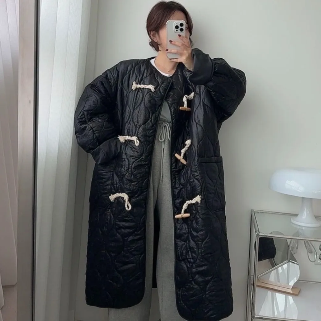 Rétro Long coton Jaet avec boutons de corne coréen Sle femmes printemps automne hiver vêtements d'extérieur décontracté rue Faion