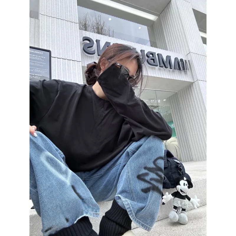 

Свободные джинсы с широкими штанинами и принтом, повседневный дизайн, брюки с высокой талией для женщин, весна 2025