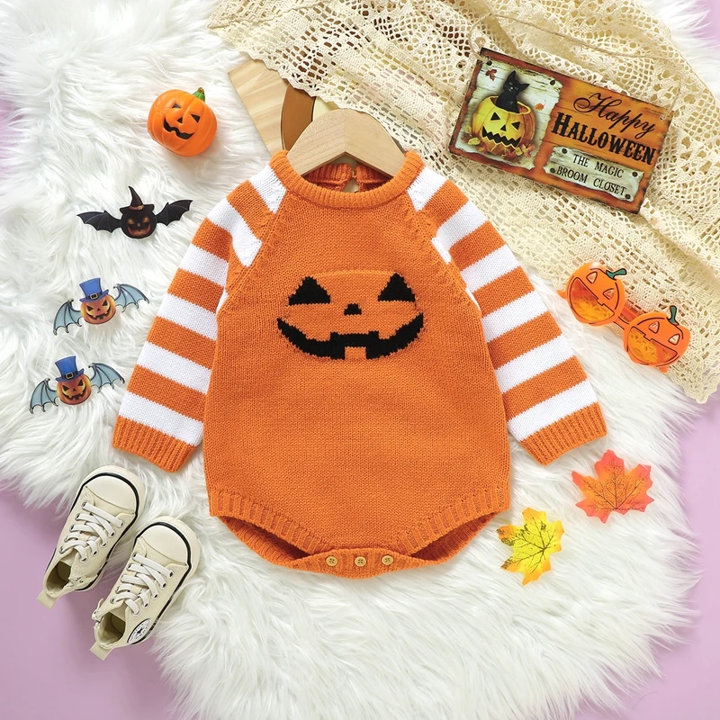 2023-06-24 Lioraitiin 0-18M Baby Boy Girl Sweater Halloween Bodysuit Striped Long Sleeve Round Neck Pumpkin Face Print Jumpsuit