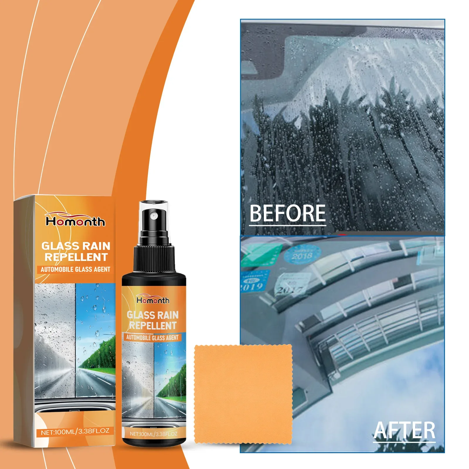 

Car Windshield Rain & Water Repellent Glass Anti-Fog Spray Improves Visibility Reduces Glare Extends Wiper Service with Towel