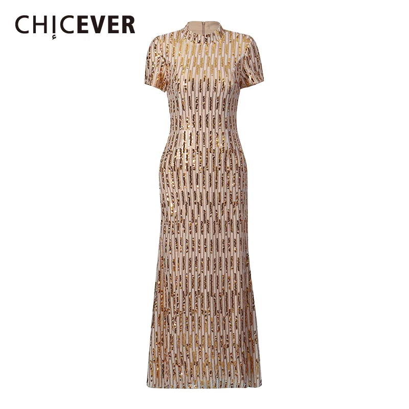 CHICEVER Gold Spliced Sequins Chic Dress Female O Neck Short Sleeve Loose Luxury Intellectual Women's Dresses Summer Style New