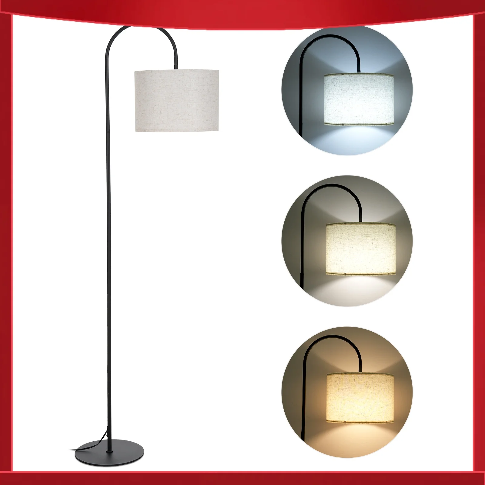 12W Fabric Floor Lamp Modern Standing Tall Lamp Foot Switch 3 Color Temperature for Living Room Bedroom Office Use