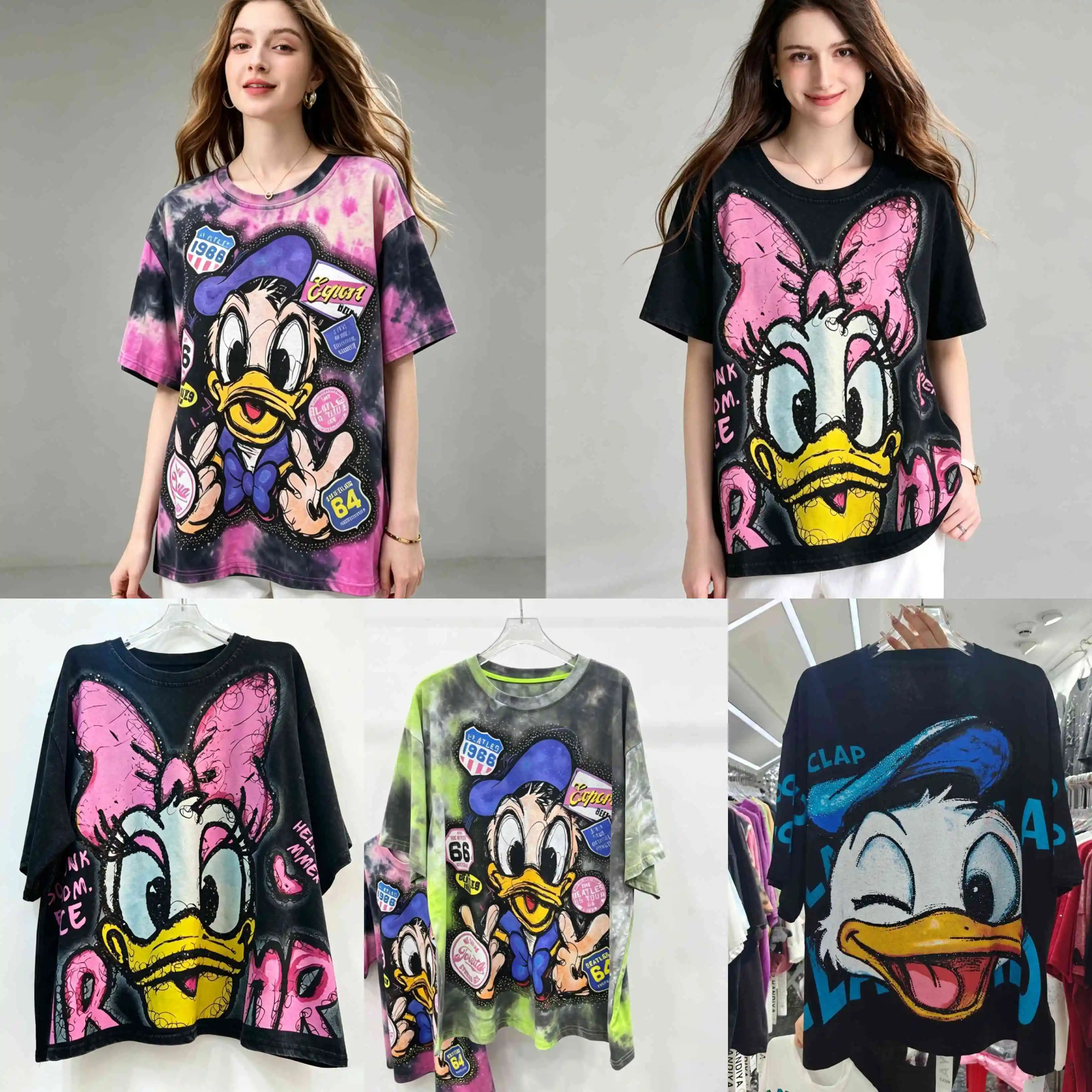 

European and American trendy brand new women's T-shirt short sleeved loose cartoon printed heavy sequin embroidered top A11