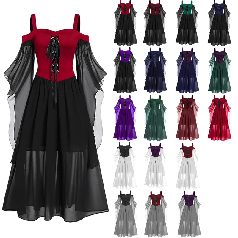 Vintage Halloween Medieval Witch Dress for Women Plus Size Cold Shoulder Butterfly Sleeve Gothic Dresses Carnival Dress Up Party