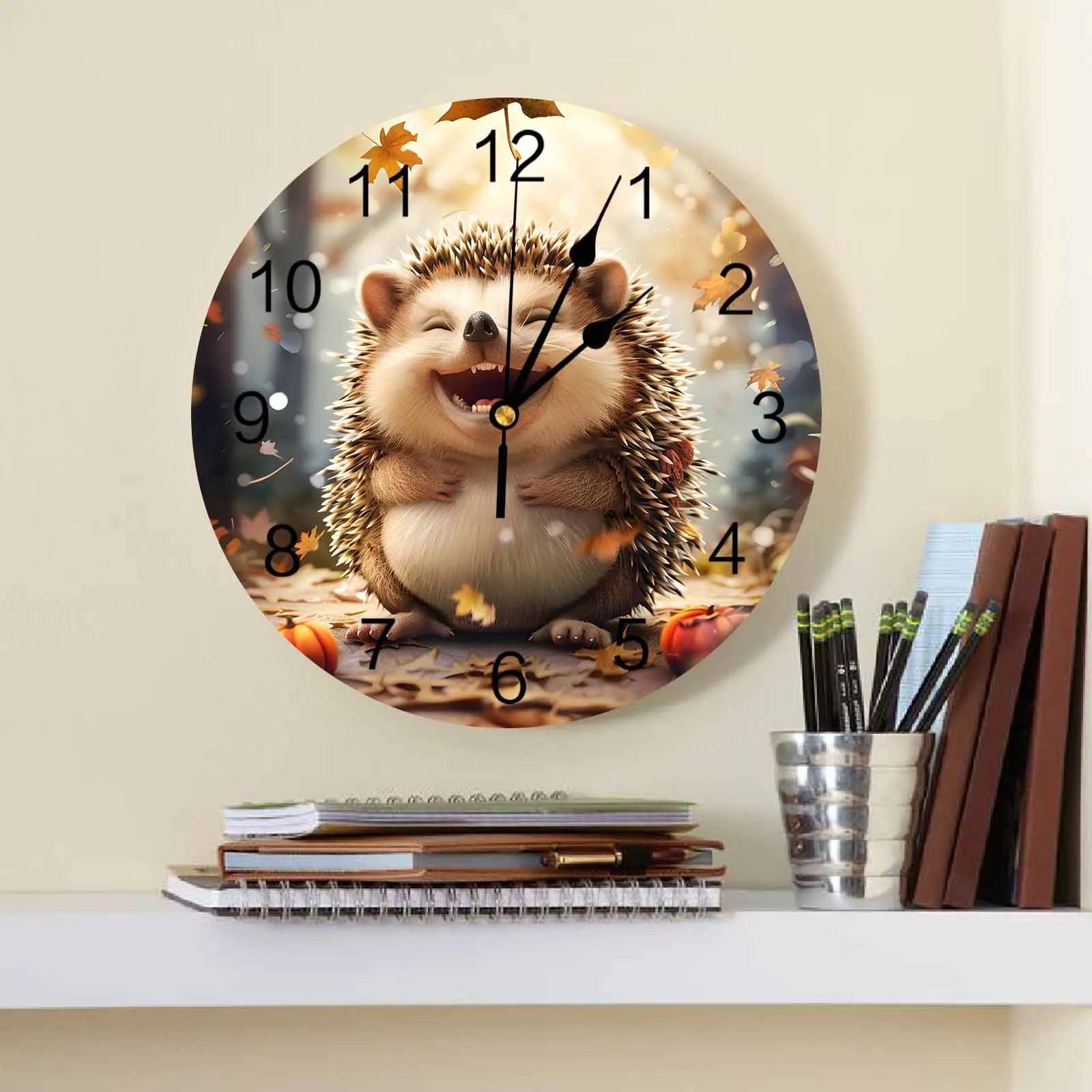 Autumn Maple Leaf Forest Hedgehog Pumpkin Printed Wall Clock Modern Silent Clock Living Room Home Decor Wall Hanging Watch