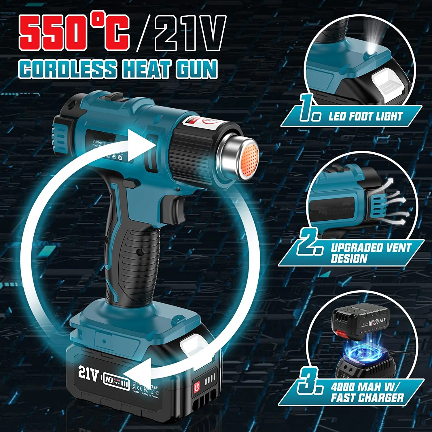 18V-21V Cordless Hot air gun, Adjustable Temperature Heat Gun, Wireless Charging Welding Makita Aluminum Battery