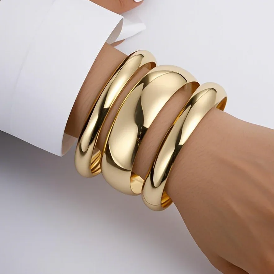 

3 Pcs Set Gold Wide Bangles for Women Heavy Metal Statement Bracelets Luxury Wedding Jewelry 2025