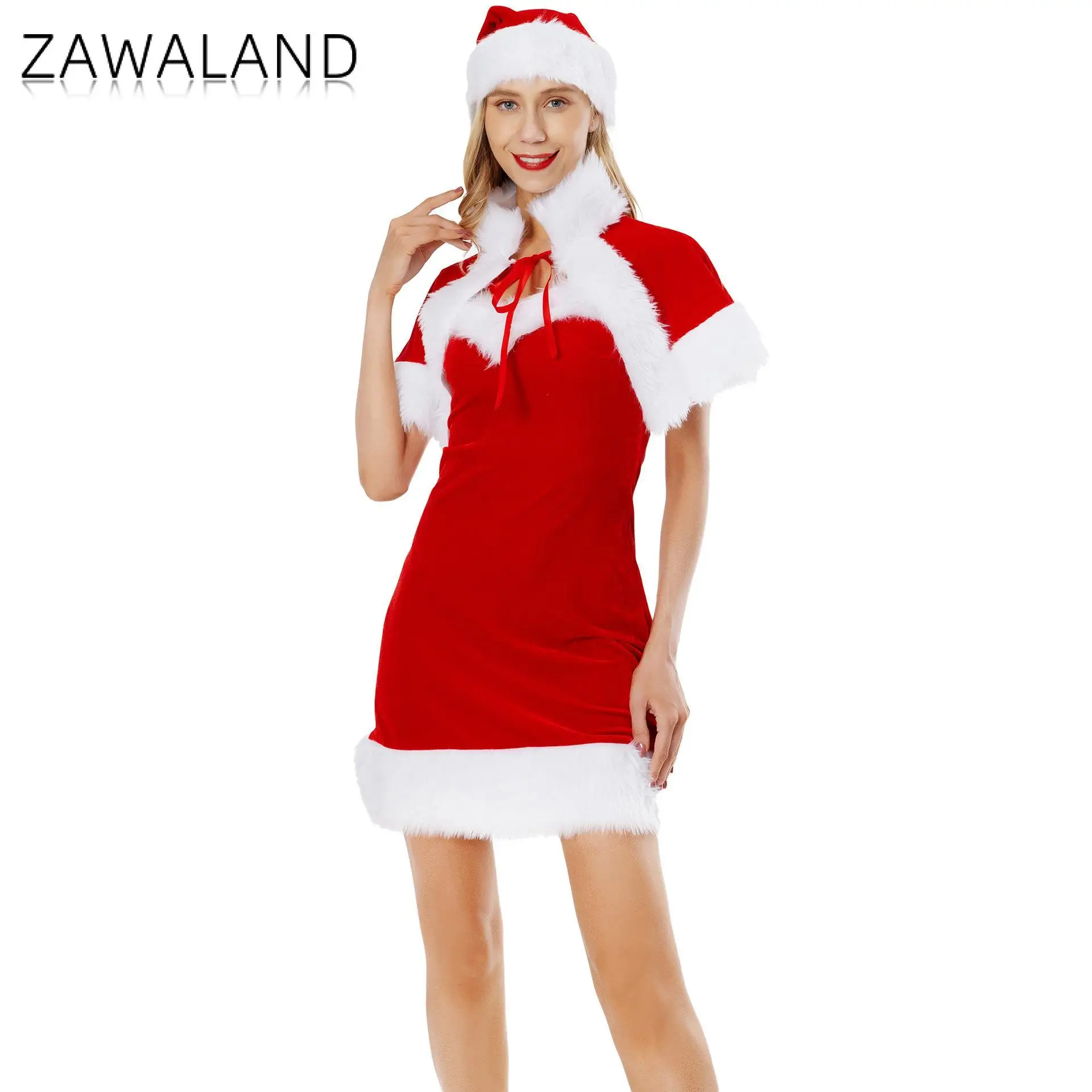 ZAWALAND فستان عيد الميلاد للنساء سانتا كلوز فستان تنكري كيب سانتا قبعة عطلة حفلة الزي الأحمر عيد الميلاد فستان بتصميم حالم ﻿