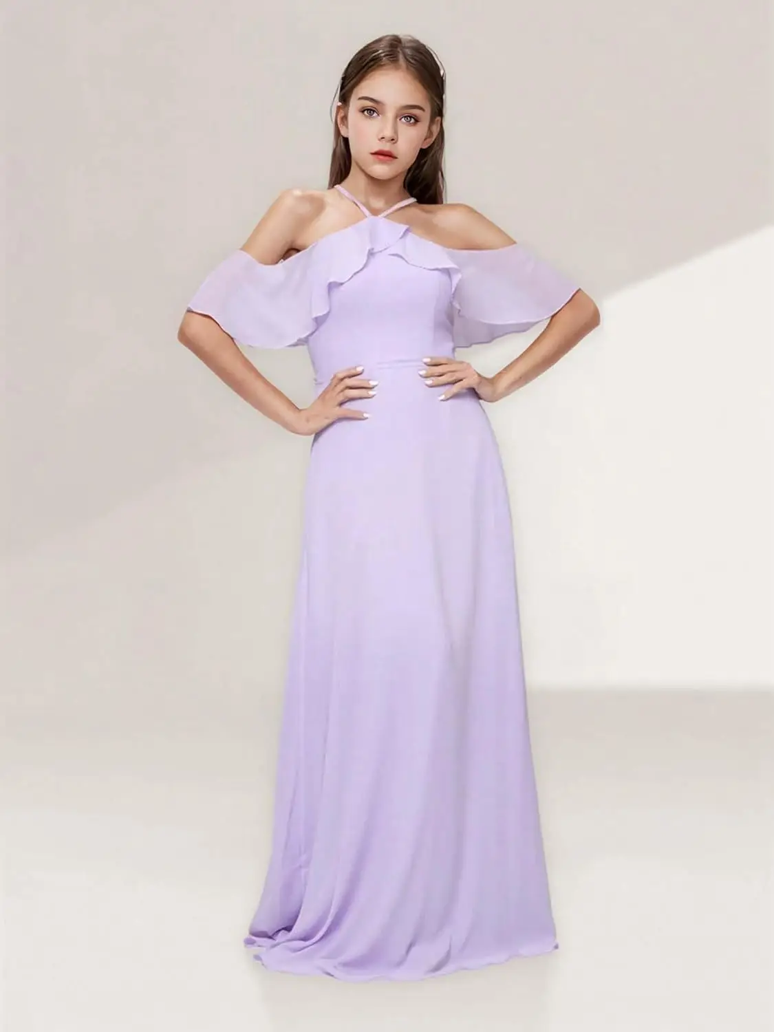 A라인 홀터 주니어 브라이드메이드 드레스 러플 오프숄더 쉬폰 플라워 걸 드레스 웨딩 프로모션 드레스