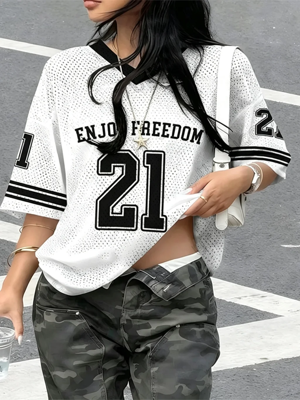 2026 Summer New Retro Enjoy Freedom No.21 Print T-Shirt For Women V-Neck Short Sleeve Sports Football Jersey Y2K Oversized Tops