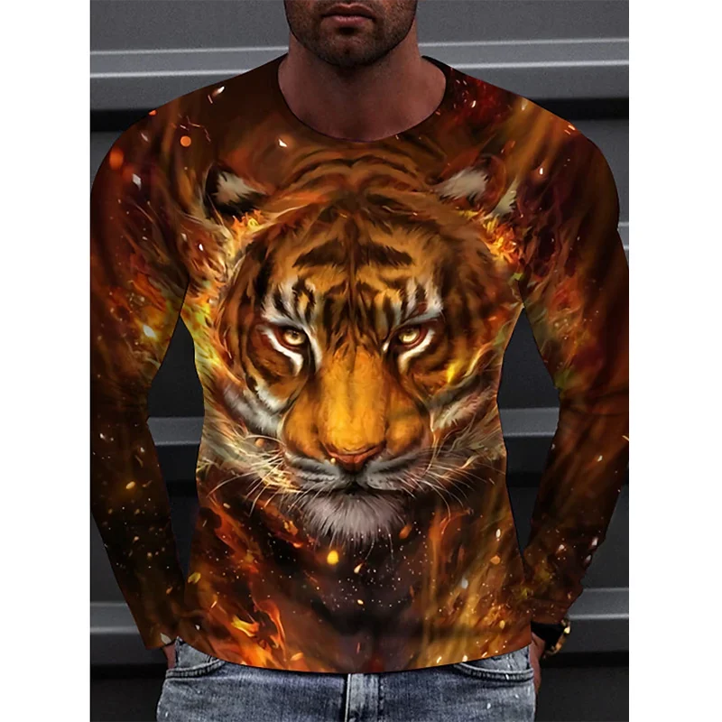 2023 New Men Long Sleeve Crewneck Print Fierce Animal Pattern Y2K Fashion Men\'s Shirt Long Sleeve Street Retro Style Men\'s Wear