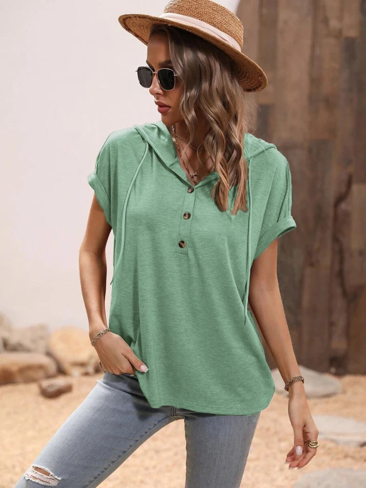 

T-Shirt Hooded Solid Color Button Decorative Short Sleeve Loose Pullover Tees Casual Tops Ladies Pullover 2023 Summer New