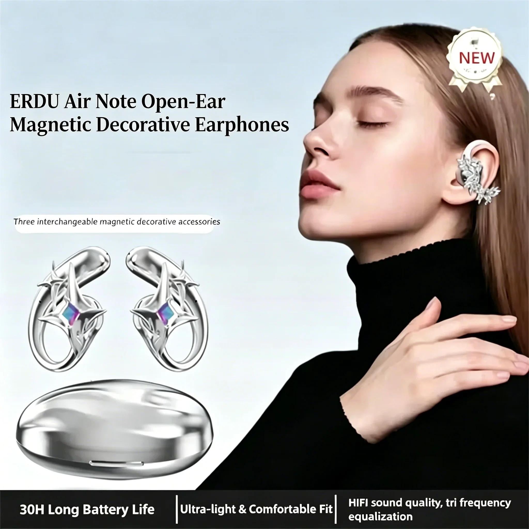 

Erdu Open Ear Hook Jewelry Earbuds Replaceable Decorative Magnetic Earrings Bluetooth 5.4 Call Noise Reduction For Women Gift