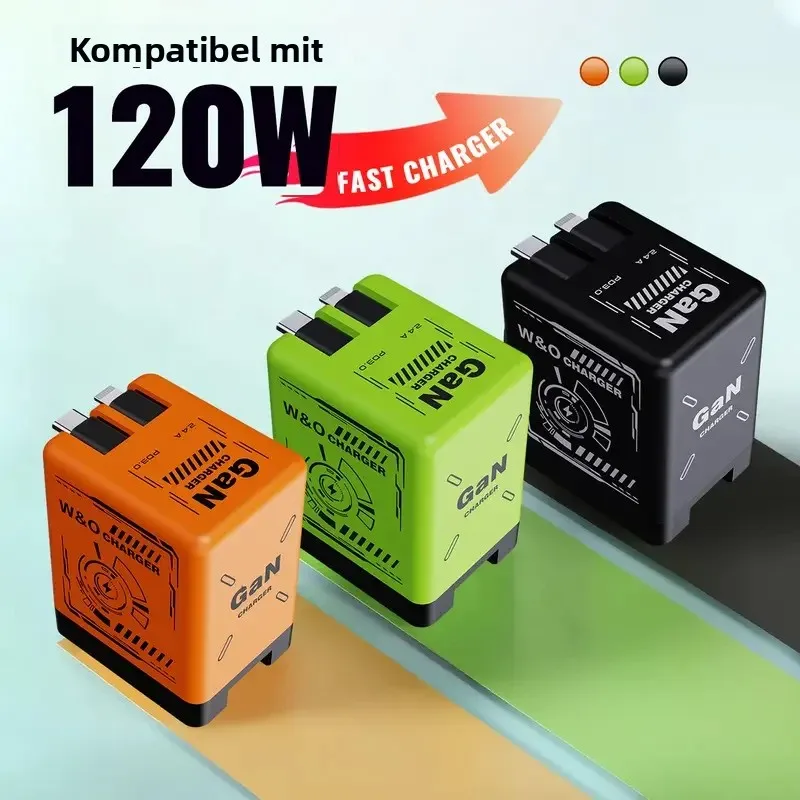 120W GaN Dual USB-C Ladegerät, Einziehbares 80cm Kabel, Faltbarer Stecker, Kompaktes Knotenfreies Design, Schnelles Laden für Handys & Tablets