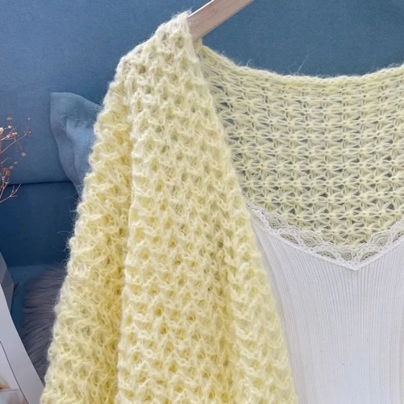 Cárdigans amarillos de manga larga para mujer, abrigo de nicho de punto que combina con todo, informal, elegante, Simple, sólido, primavera y otoño