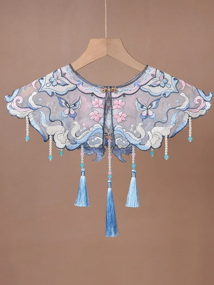 Women Chinese Hanfu Cloud Collar Blue Embroidered Butterfly Flower Faux Pearl Bead Tassel Detachable Fake Collar Shawl For Daily