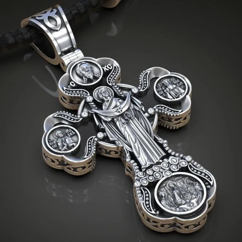 Colgante de plata de ley 925 personalizado, 23g de largo, grande, 3D, Cruz católica, Santos, Virgen María, Santa Trinidad