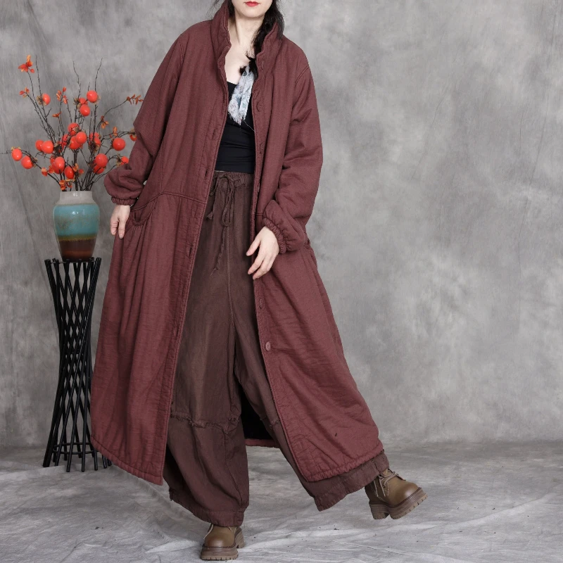 الوقوف طوق المرأة معطف طويل غير رسمي خمر نمط فضفاض القطن مبطن فضفاض دافئ الركبة طول سترة واقية معطف متوسط الطول #1