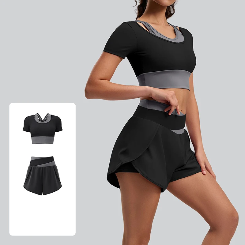 2026 New Women's Color Block Spliced Short Sleeve Sports Bra Soft Breathable Yoga Shorts 2 Piece Yoga Set Fitness Gym Sportswear