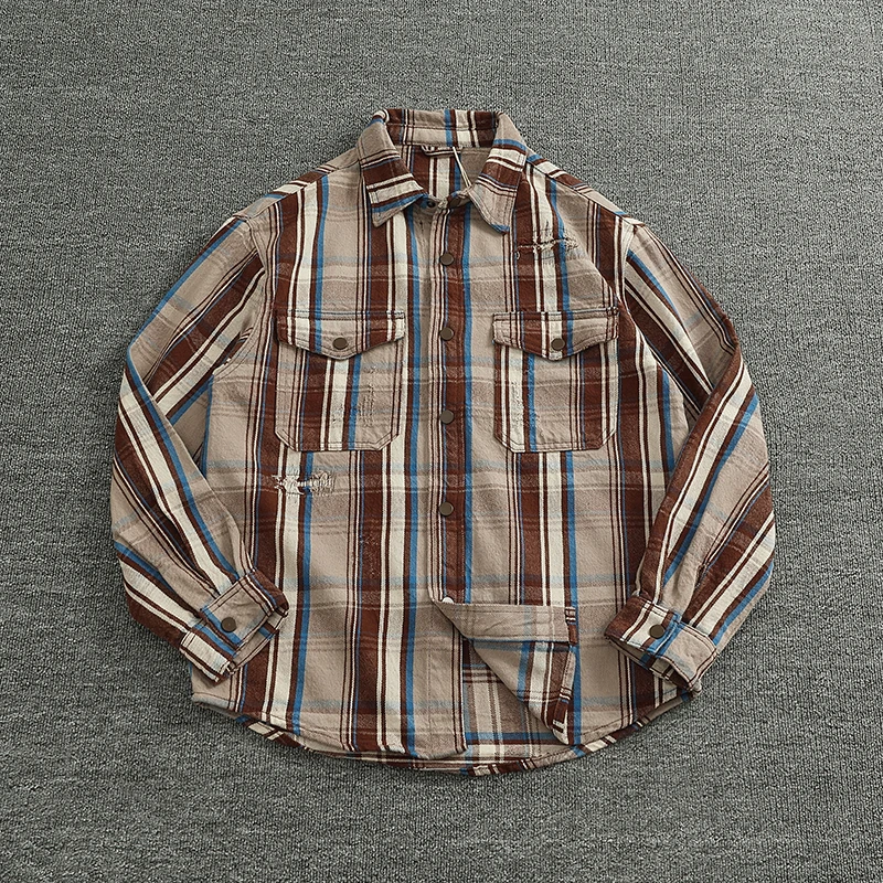 Heavy damage patch to do old wash heavy heavy long sleeve shirt men's autumn and winter plaid shirt coat top