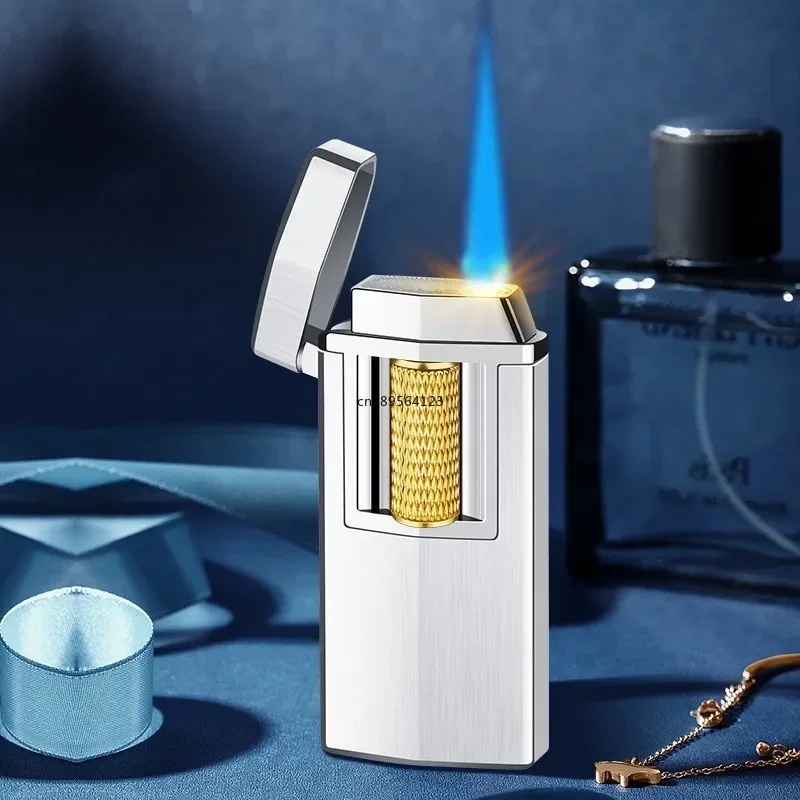 Outdoor Windproof Metal Butane Gas Lighter USB Rechargeable Electric Roller Slide Ignition Blue Flame Turbo Jet Cigar Lighter