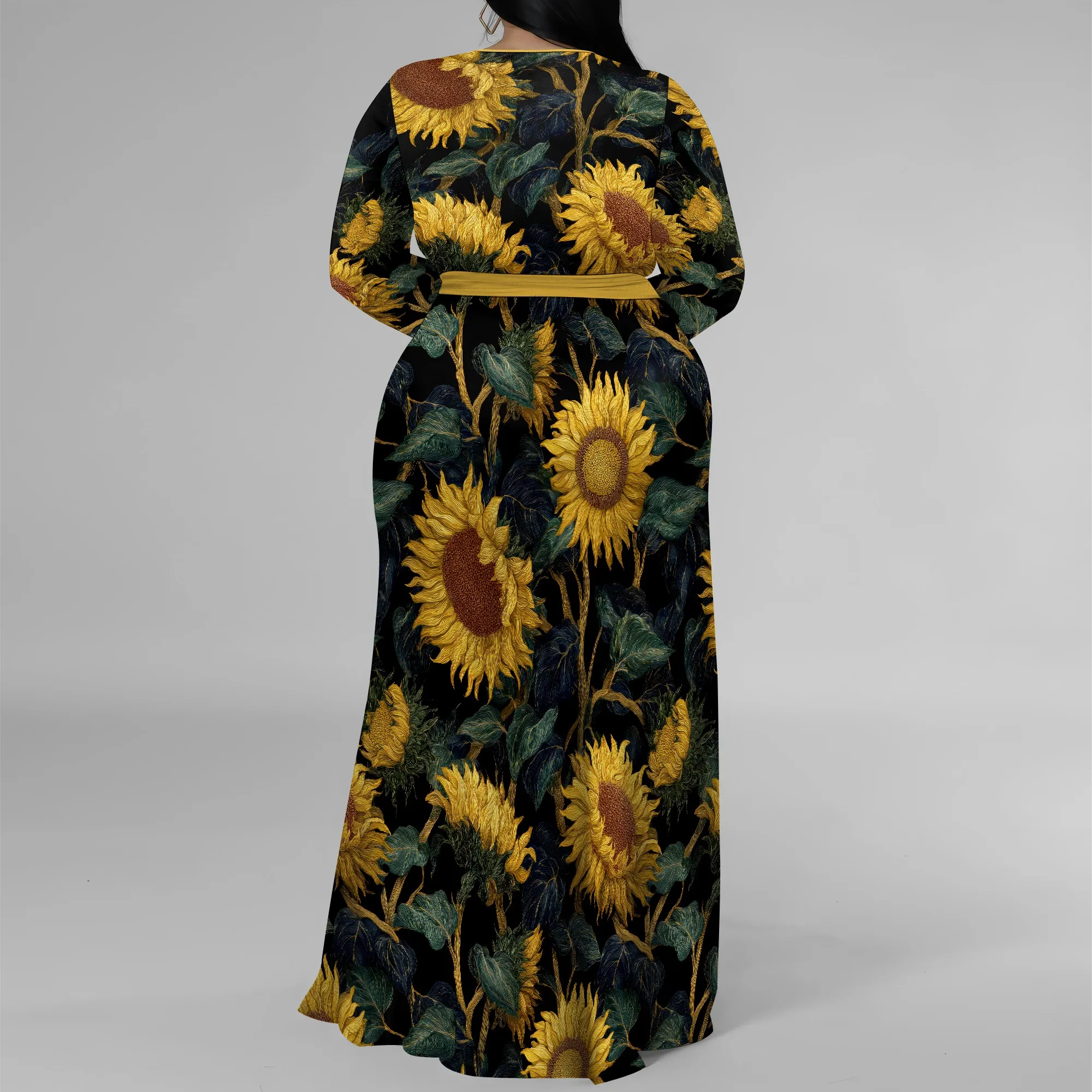 Nupusa zwarte zonnebloemprintjurk voor dames plus maat casual maxi-jurk met V-hals en lange mouwen en riem