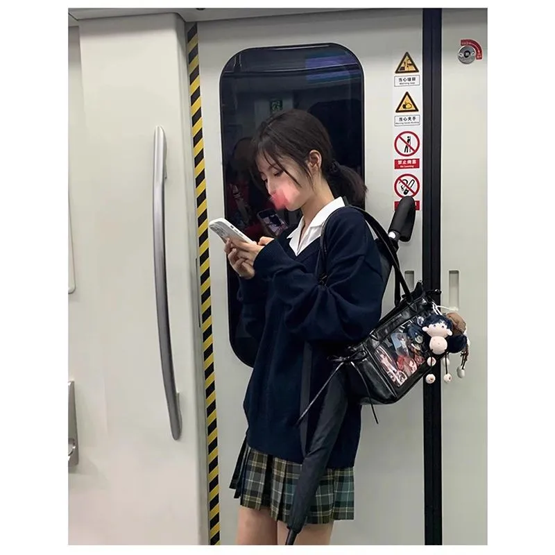 النمط الياباني الأسود Ita حقيبة يد المرأة الجديدة Harajuku حقائب كتف جلدية شفافة السيدات أنيمي Itabag حقيبة تحت الإبط Y2K #2