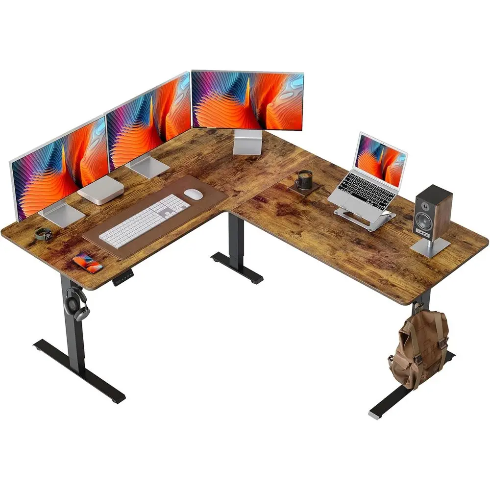 

L-Shaped Standing Desk - Adjustable Corner Desk L Shape, L-Shaped Adjustable Desk with Splice Board, Vintage-Brown