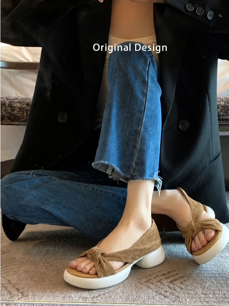 Lamb Leather Thick Heel Open Toe Sandals Women's 2026 Summer  Knot Slip-On Heightening Roman Shoes Elegant Style