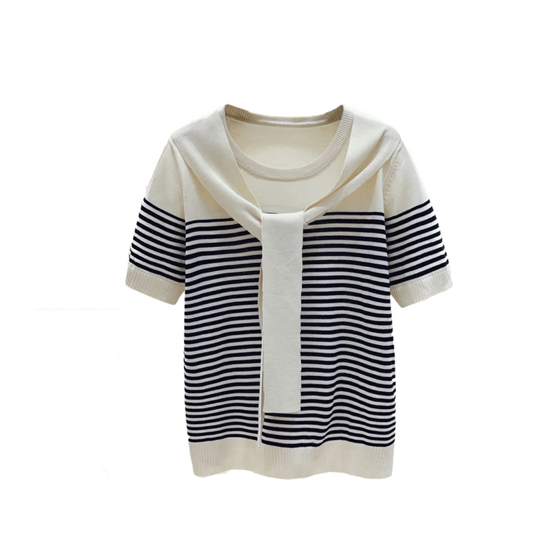 女性のグラデーションストライプニットTシャツ、ラディーズ-ネックプルオーバー、半袖knitwear、アイスシルク、スタイリッシュ、ヴィンテージ、夏、2022