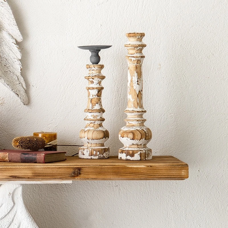 

Vintage Rustic Country Style Solid Wood Candle Holder Ornaments Room Home Decor Candlestick for Wedding Interior Decorations
