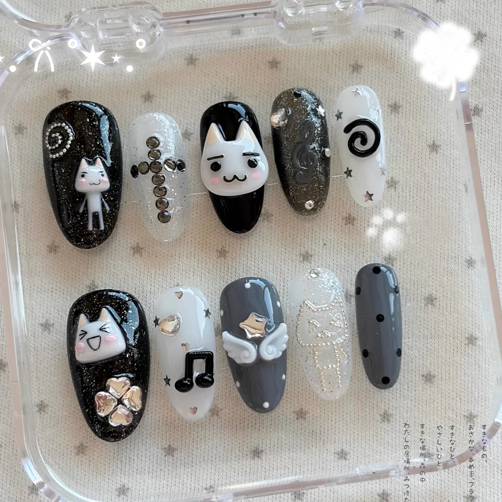Cute Y2K Retro Bear Kitten Lace Love Pearl Rose Nail Art 3D Wing Spoon Star Dot Pink Bowknot Fake Nail Birthday Gift Accessories